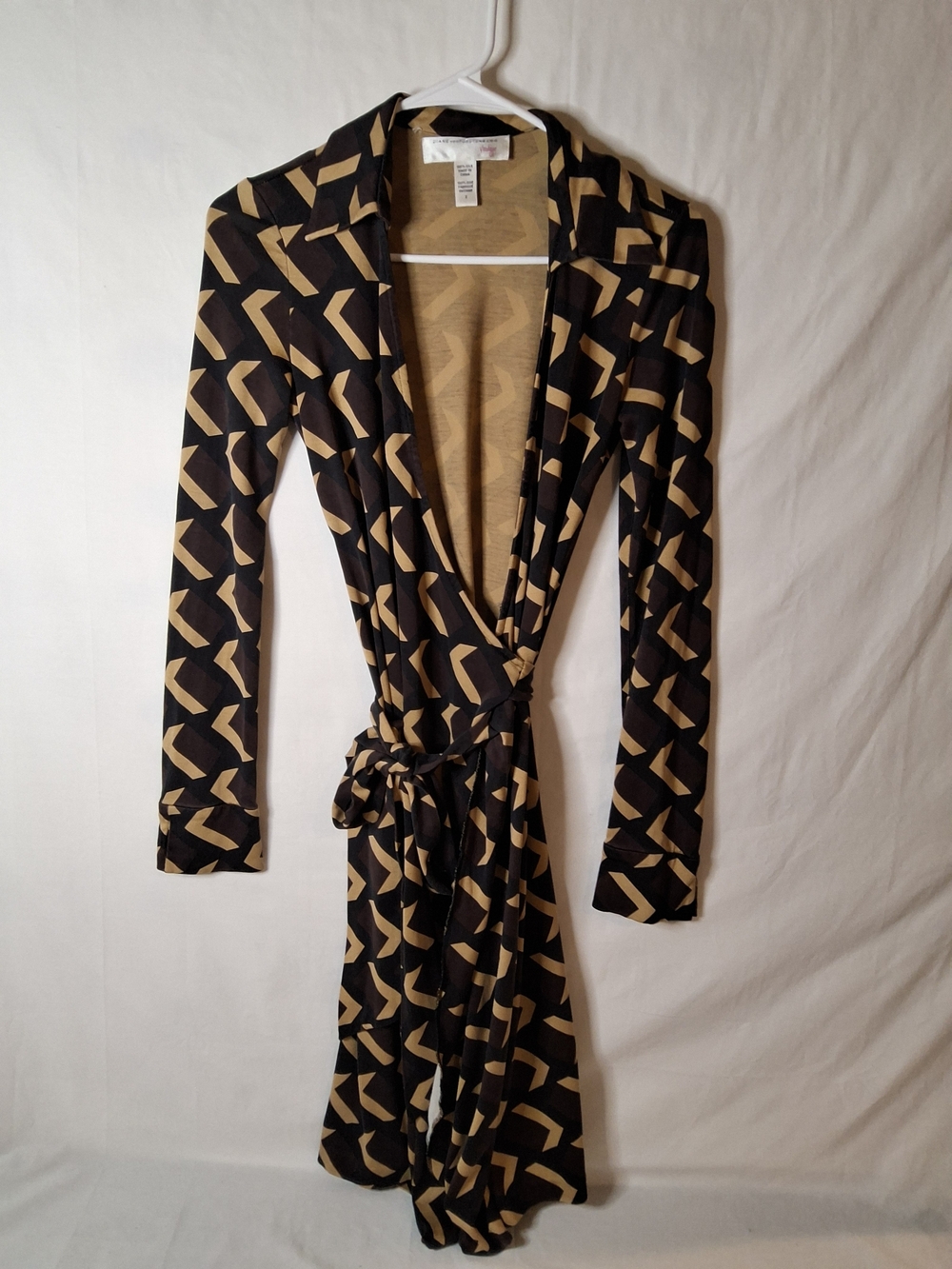 Vintage Diane Von Furstenberg Brown and Tan Geometric Silk Wrap Dress